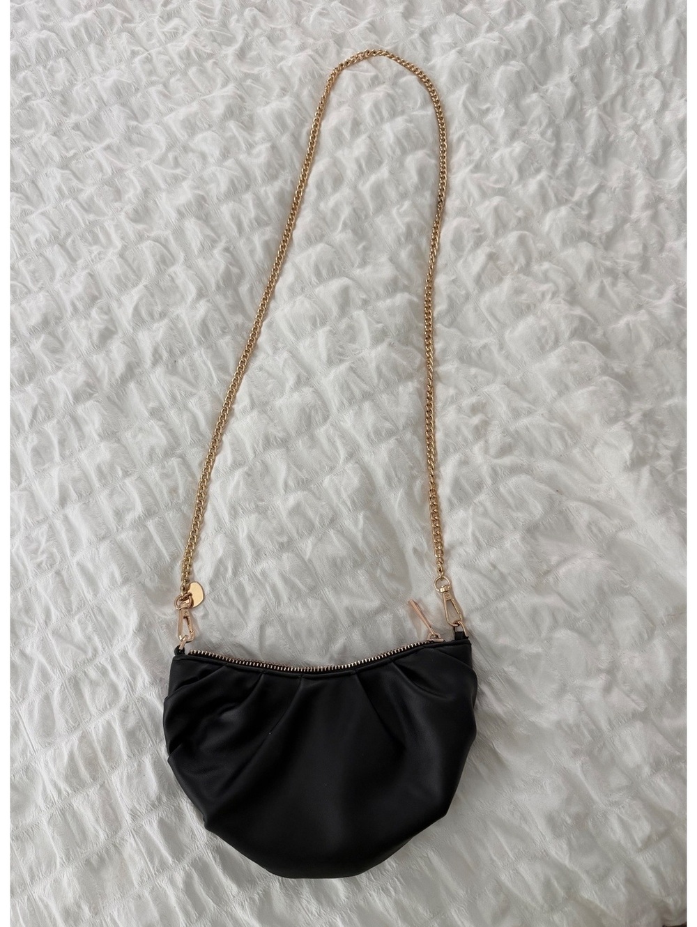 Black Faux Leather Shoulder Bag with Gold Chain Strap